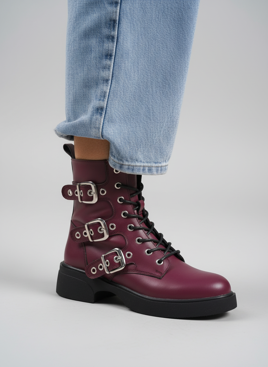Midnight Rebel Buckled Combat Boots | Burgundy