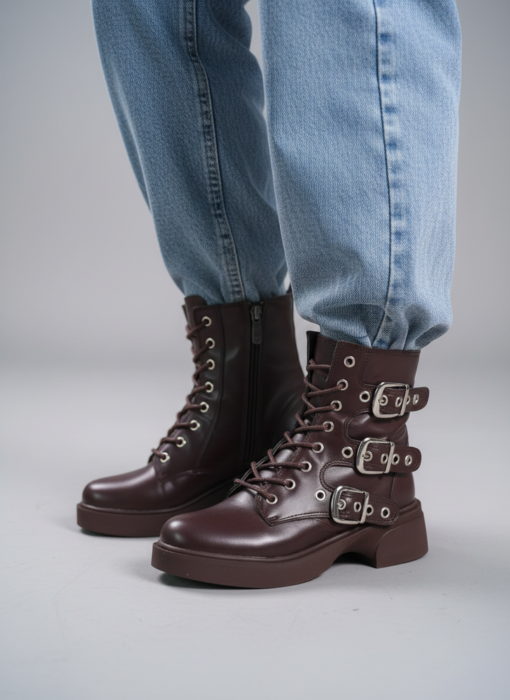 Midnight Rebel Buckled Combat Boots | Brown