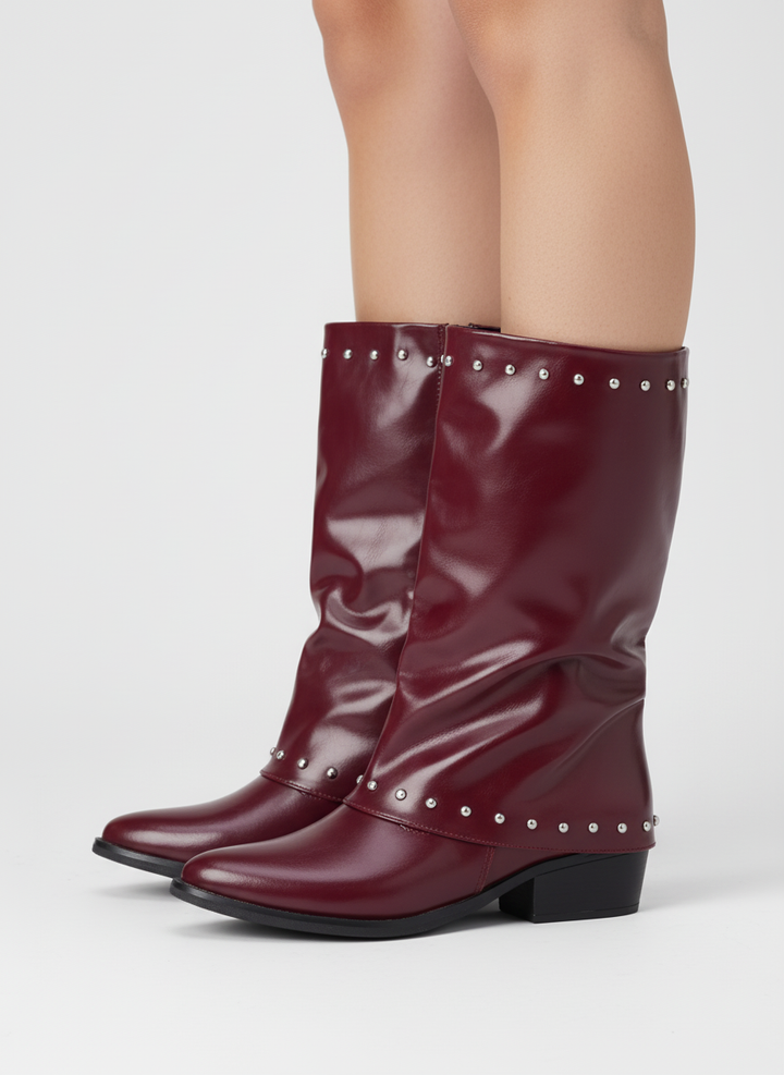 Faux Leather Studded Mid-Calf Slouch Boots |  Burgundy