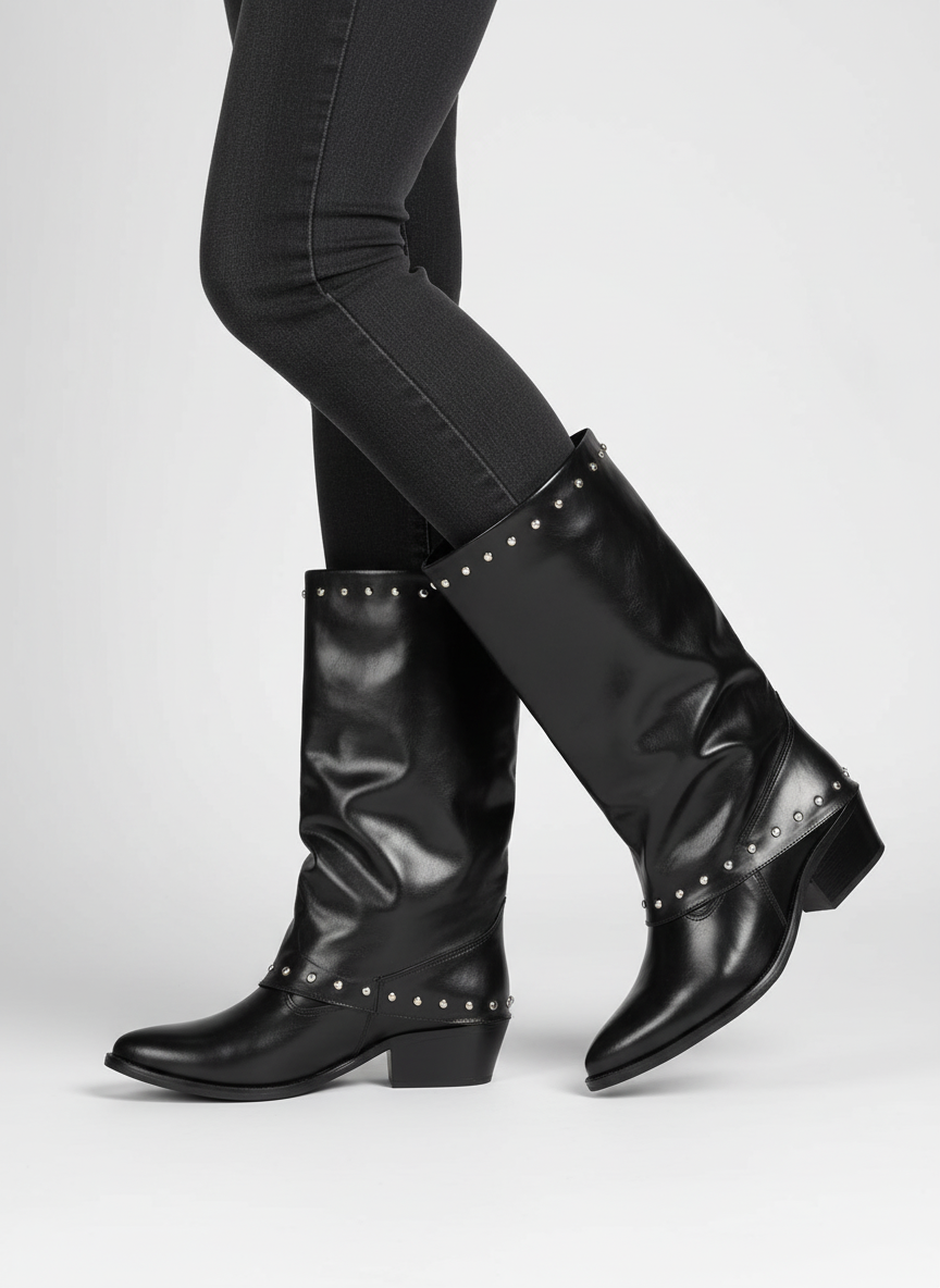 Faux Leather Studded Mid-Calf Slouch Boots |  Black