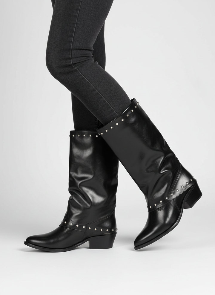 Faux Leather Studded Mid-Calf Slouch Boots |  Black