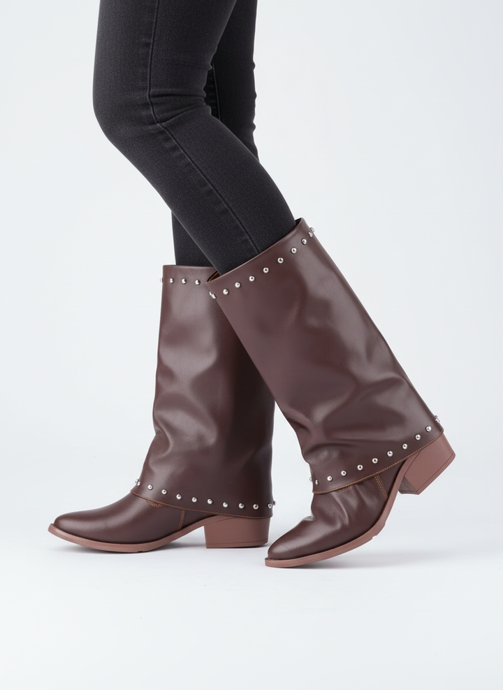 Faux Leather Studded Mid-Calf Slouch Boots |  Brown