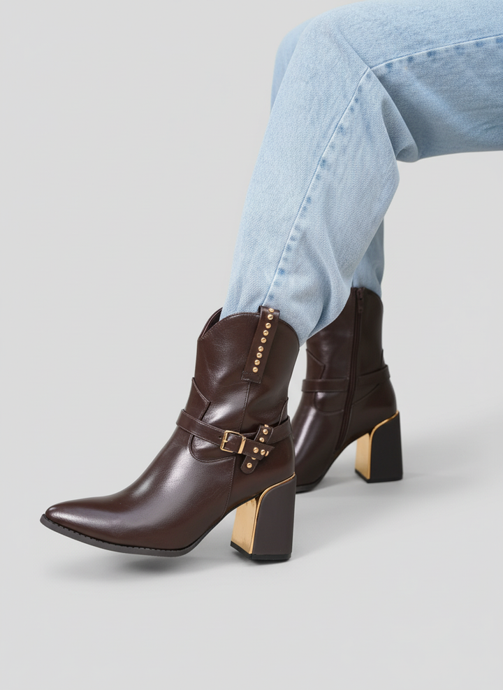 Havana Gold Heel Leather Boots | Brown