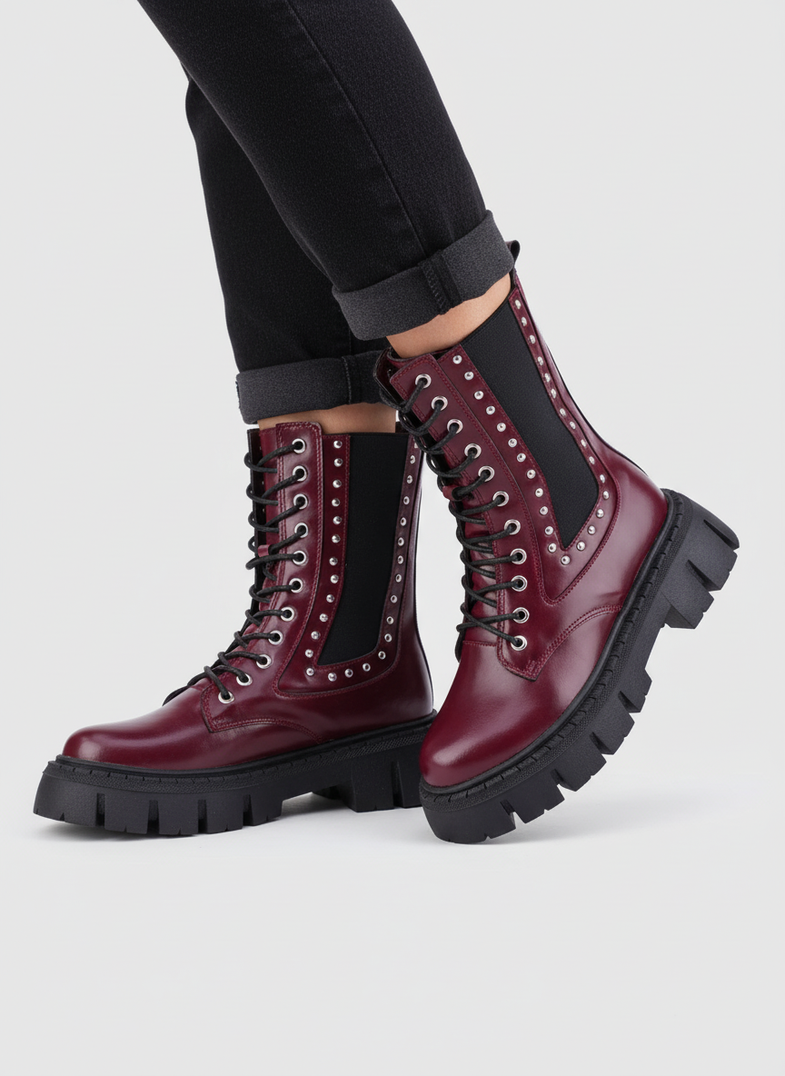 "The Riot" Studded Platform Combat Boots "Maroon"