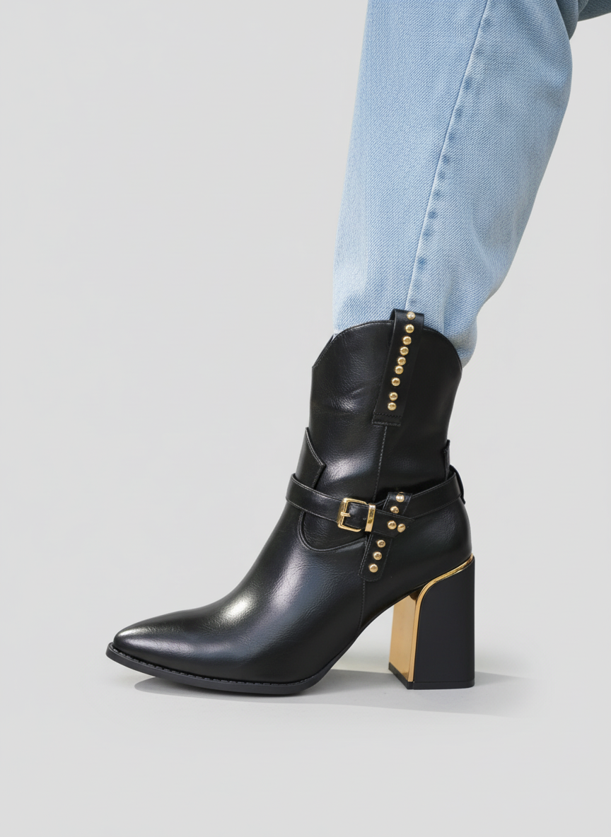 Havana Gold Heel Leather Boots | black