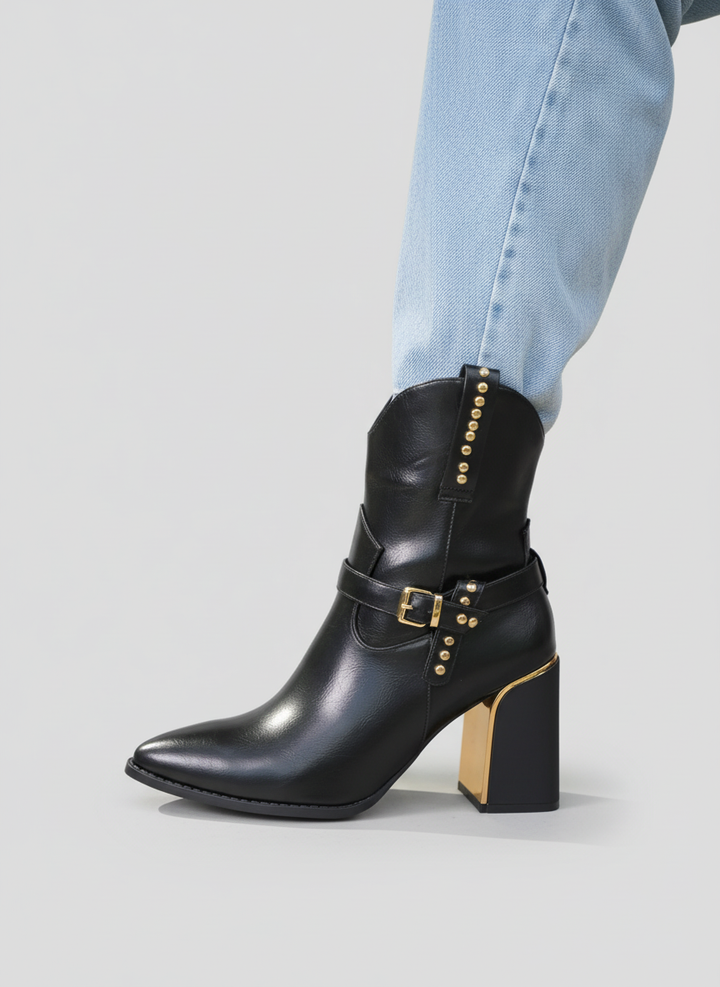 Havana Gold Heel Leather Boots | black