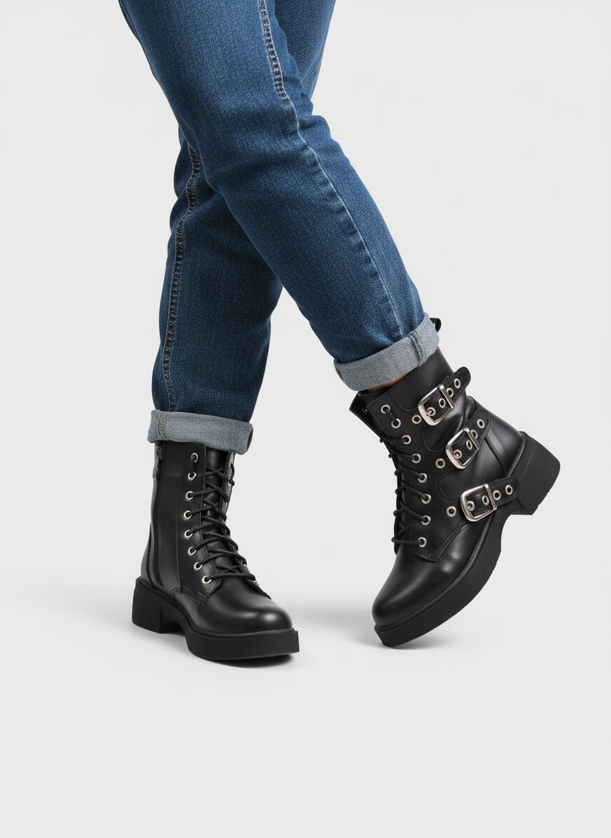 Midnight Rebel Buckled Combat Boots | Black