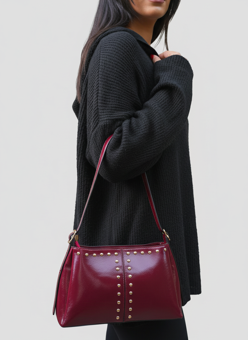 Studded Leather Shoulder Bag - Burgundy