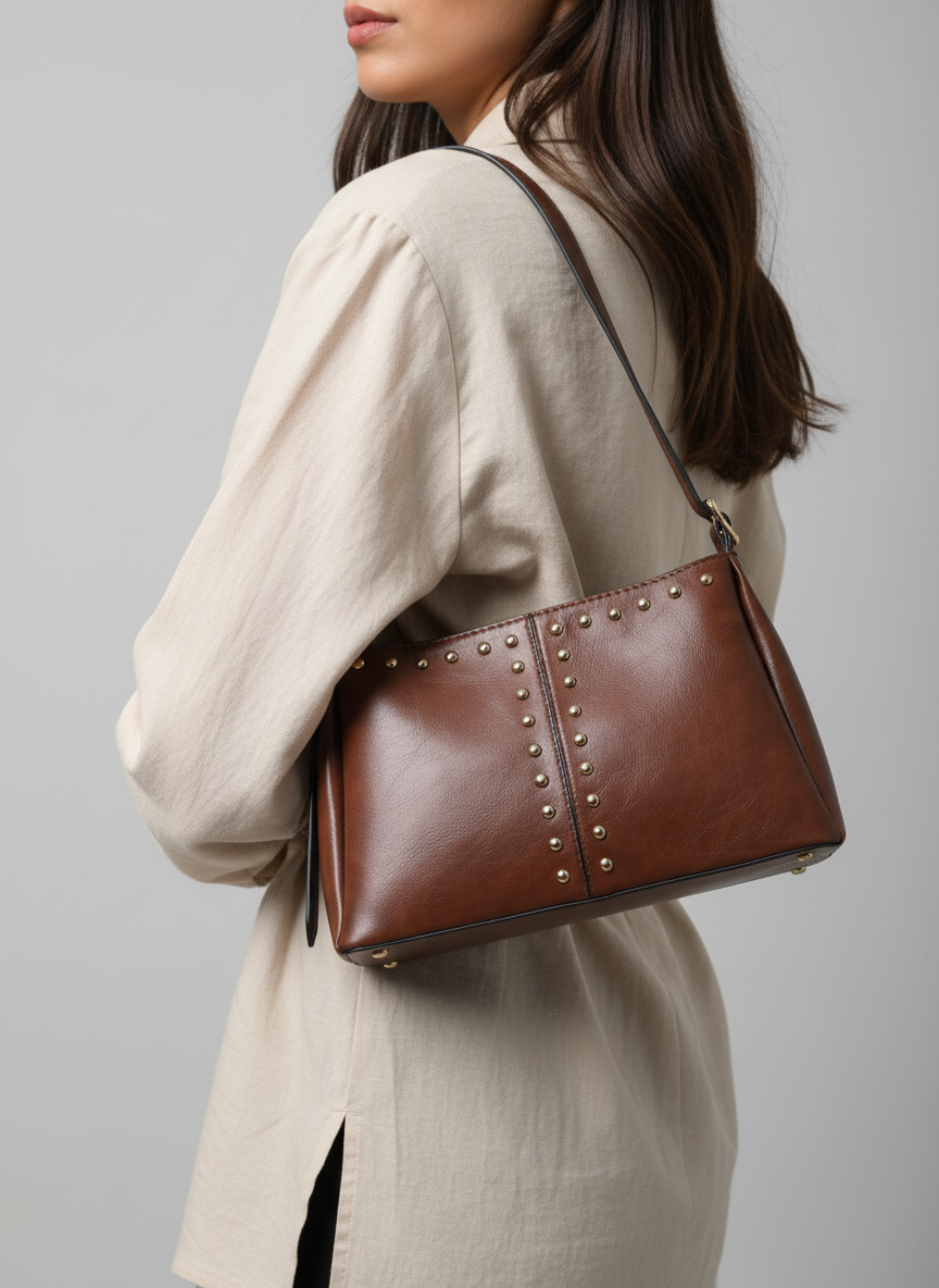 Studded Leather Shoulder Bag - Chestnut