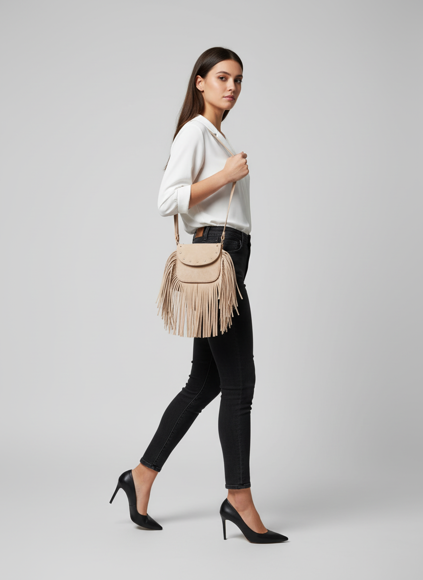 Crimson Fringe Suede Shoulder Bag - Beige