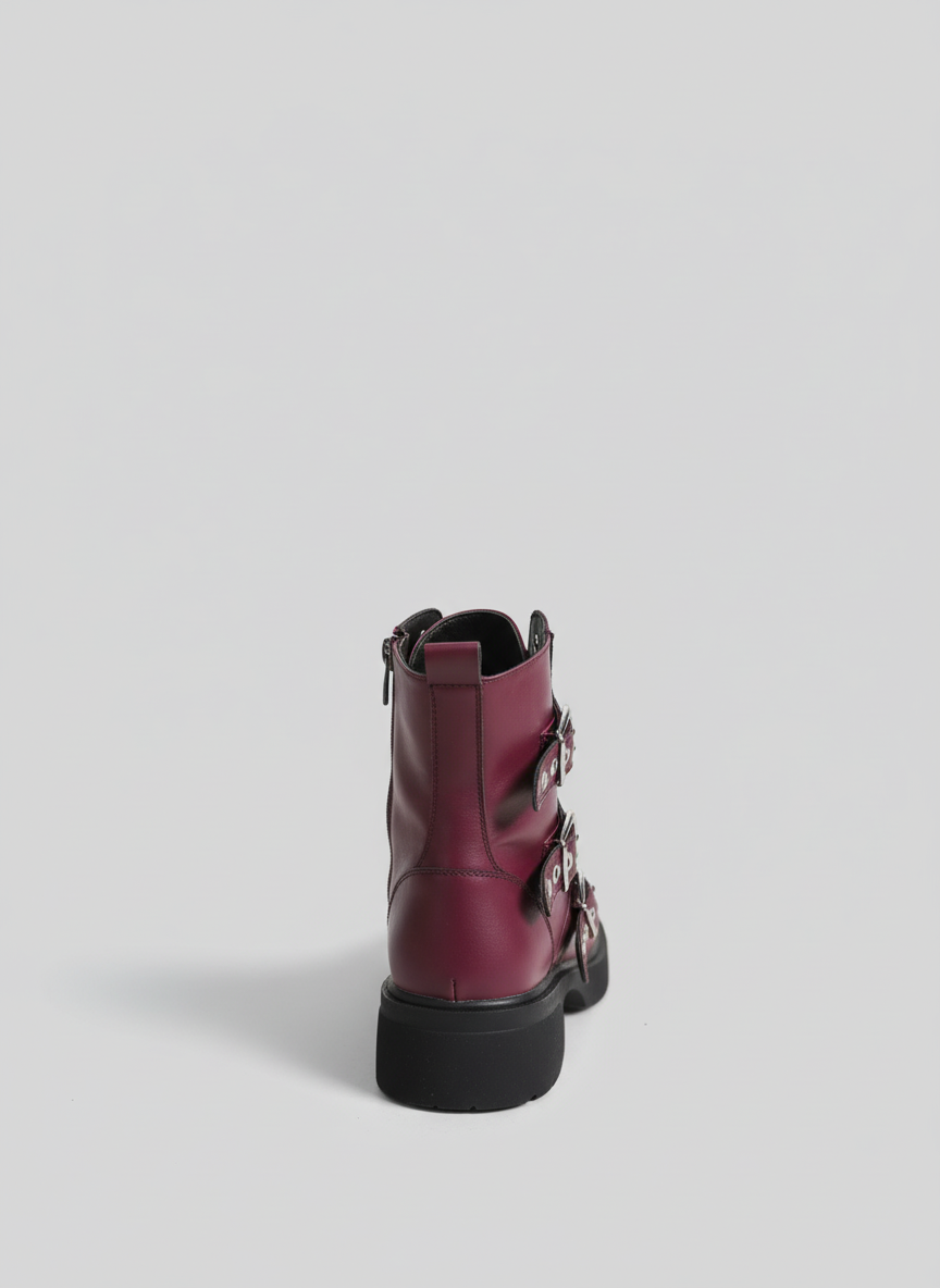 Midnight Rebel Buckled Combat Boots | Burgundy