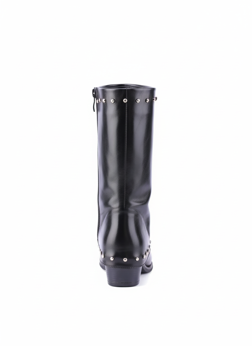 Faux Leather Studded Mid-Calf Slouch Boots |  Black