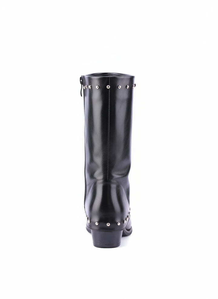 Faux Leather Studded Mid-Calf Slouch Boots |  Black