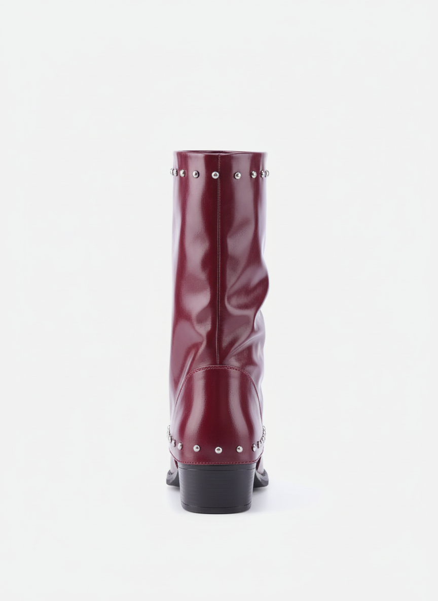 Faux Leather Studded Mid-Calf Slouch Boots |  Burgundy
