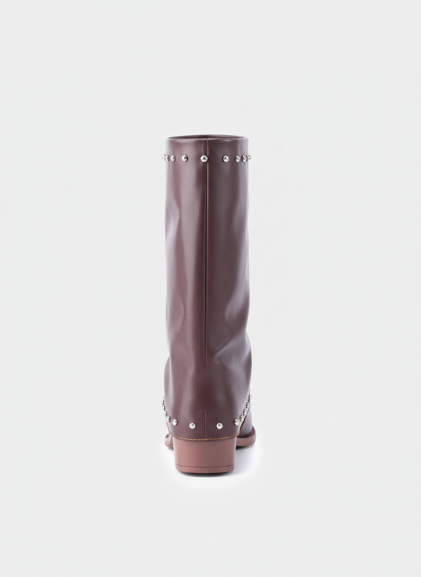 Faux Leather Studded Mid-Calf Slouch Boots |  Brown
