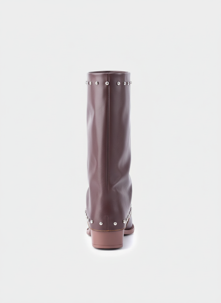 Faux Leather Studded Mid-Calf Slouch Boots |  Brown