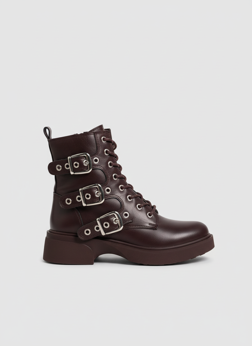 Midnight Rebel Buckled Combat Boots | Brown