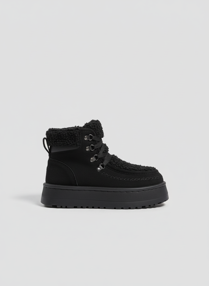 Cozy Shearling Platform Winter Boots - Black