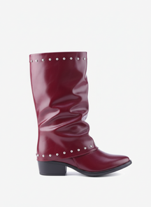 Faux Leather Studded Mid-Calf Slouch Boots |  Burgundy