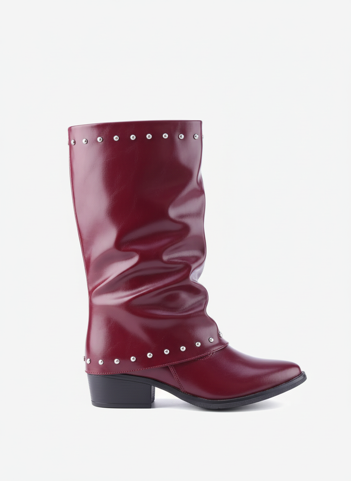 Faux Leather Studded Mid-Calf Slouch Boots |  Burgundy
