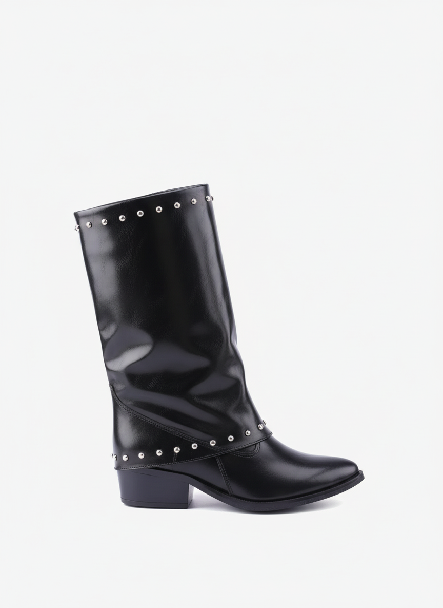 Faux Leather Studded Mid-Calf Slouch Boots |  Black