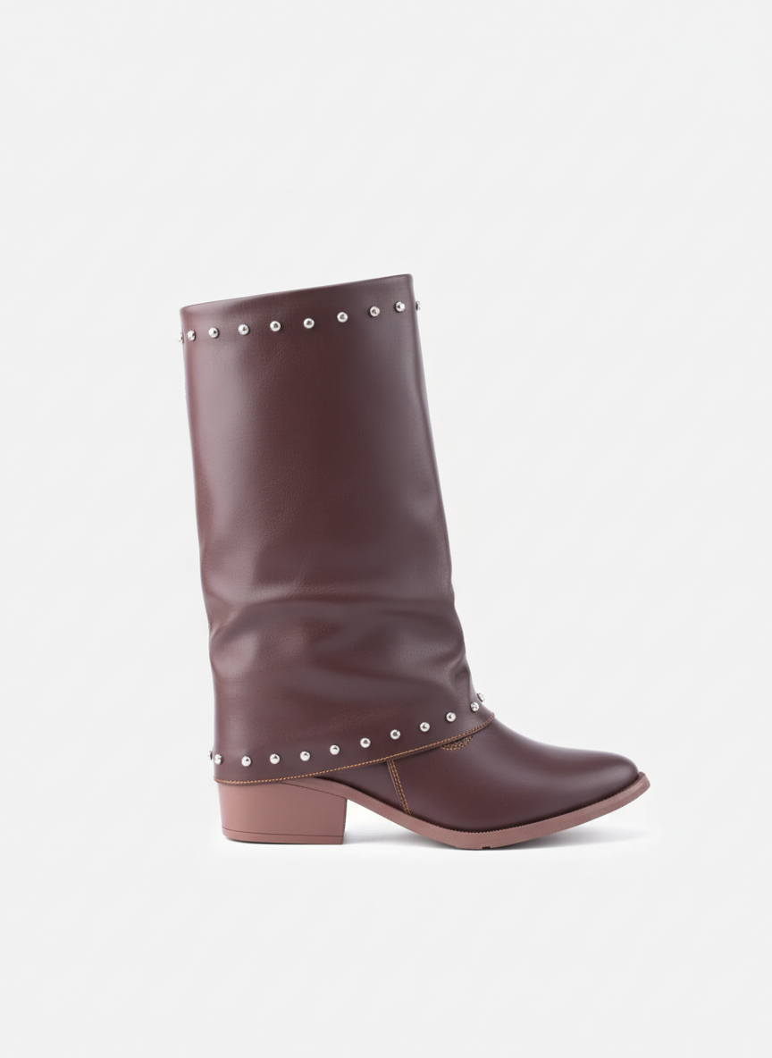 Faux Leather Studded Mid-Calf Slouch Boots |  Brown