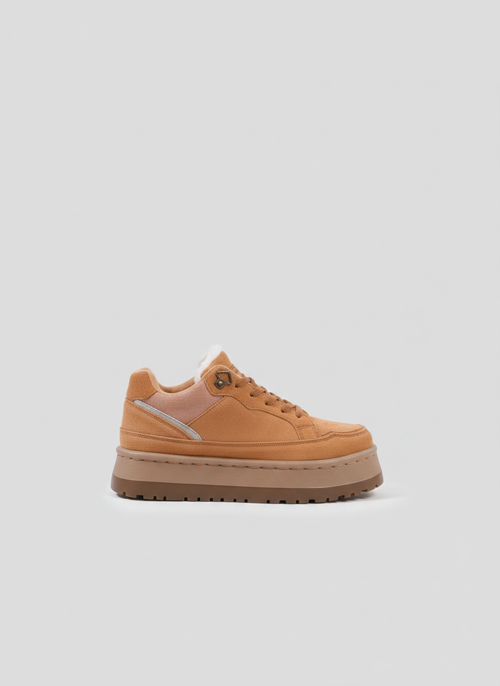 Suede Shearling-Lined Platform Sneakers - Camel