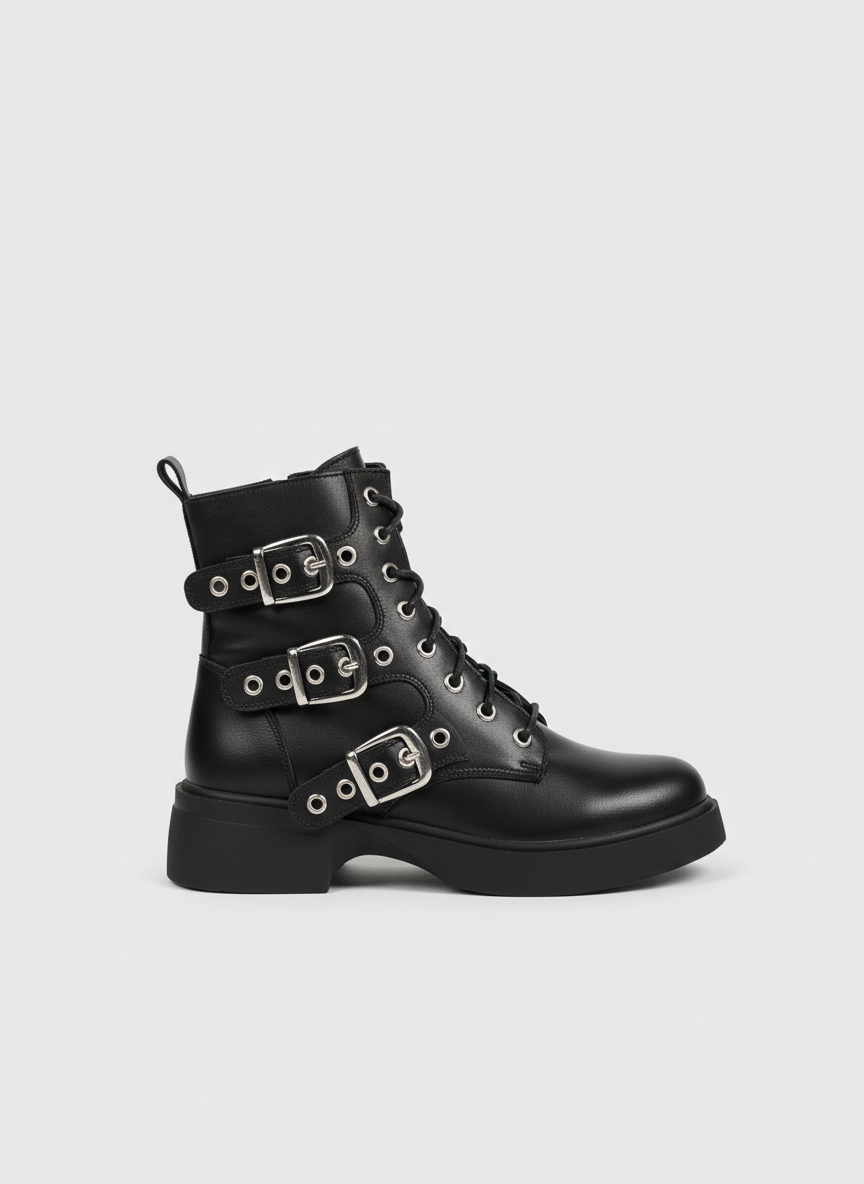 Midnight Rebel Buckled Combat Boots | Black