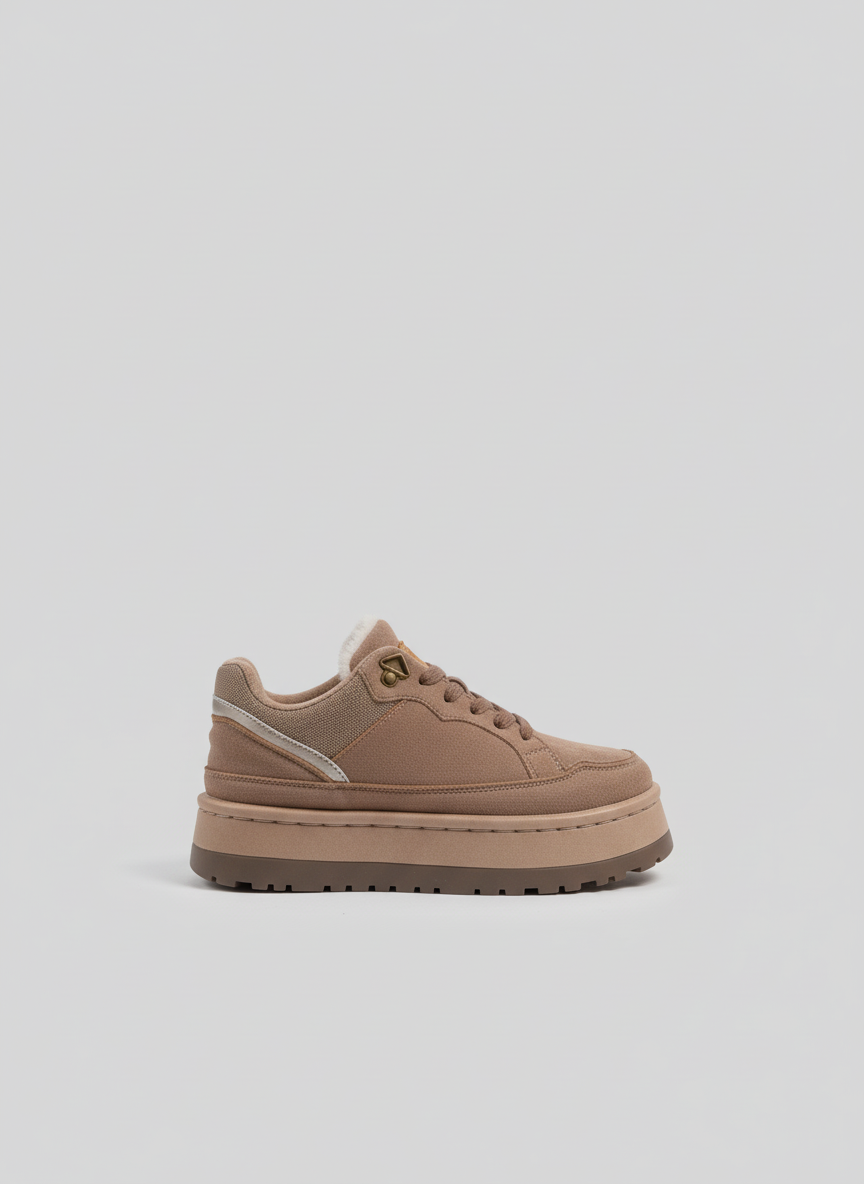 Suede Shearling-Lined Platform Sneakers - Taupe