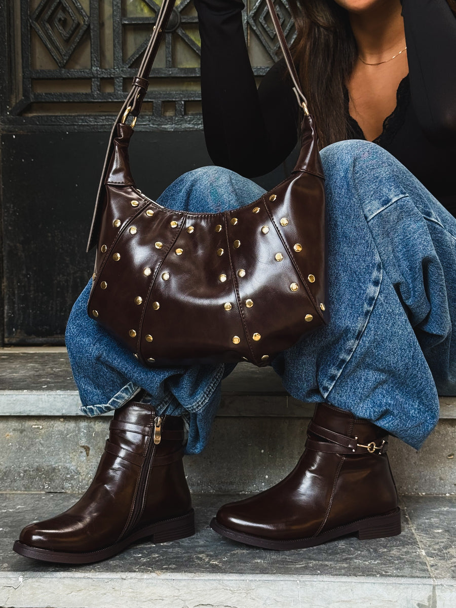 Studded Hobo Bag Faux Leather – Dark Brown