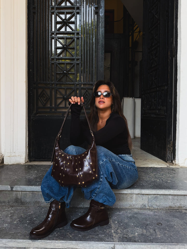 Dark Brown studded hobo bag faux leather – worn on model (6)