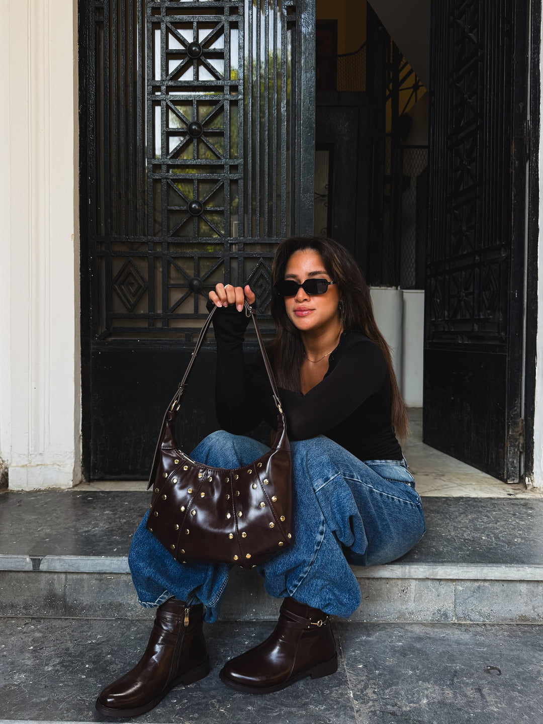 Dark Brown studded hobo bag faux leather – worn on model (7)