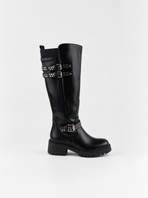 Black studded strap knee-high riding boot faux leather – side view