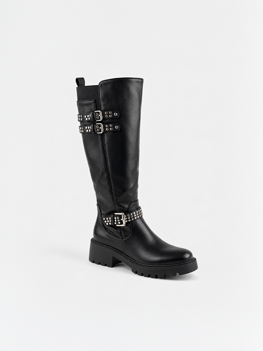 Studded Strap Knee-High Riding Boot Faux Leather – Black