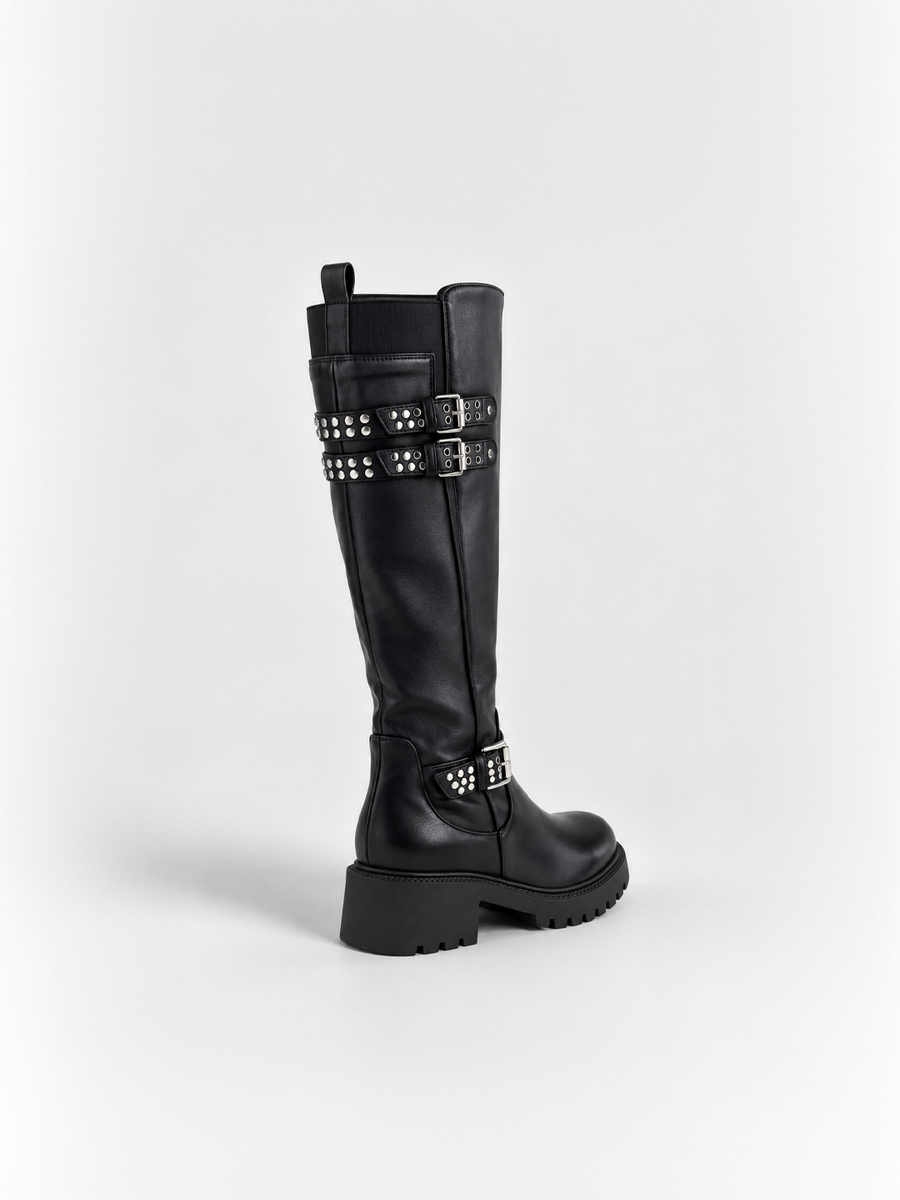 Studded Strap Knee-High Riding Boot Faux Leather – Black