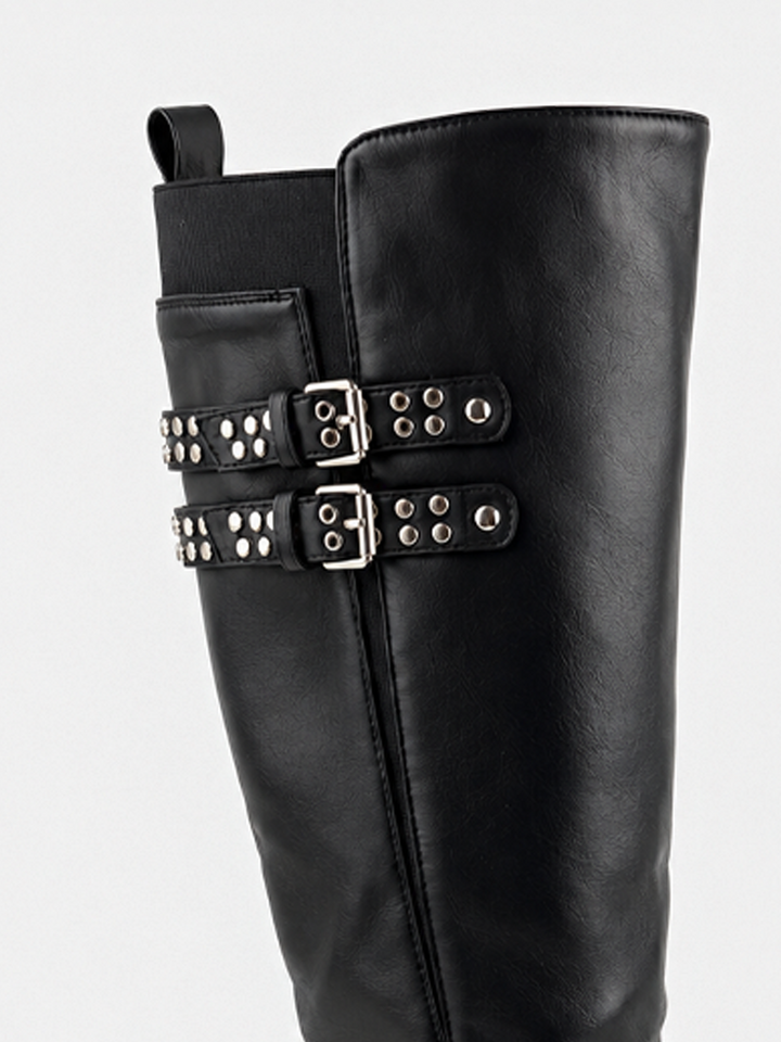 Black studded strap knee-high riding boot faux leather – studded double buckle straps close-up