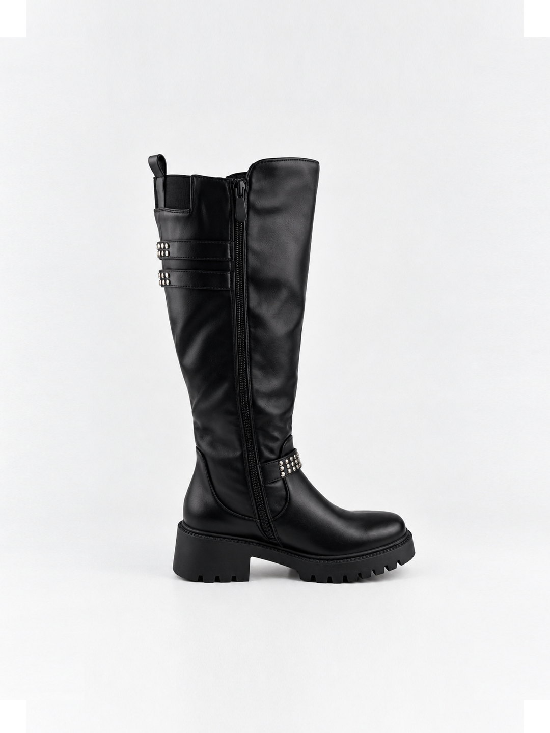Black studded strap knee-high riding boot faux leather – inner side view showing the zip
