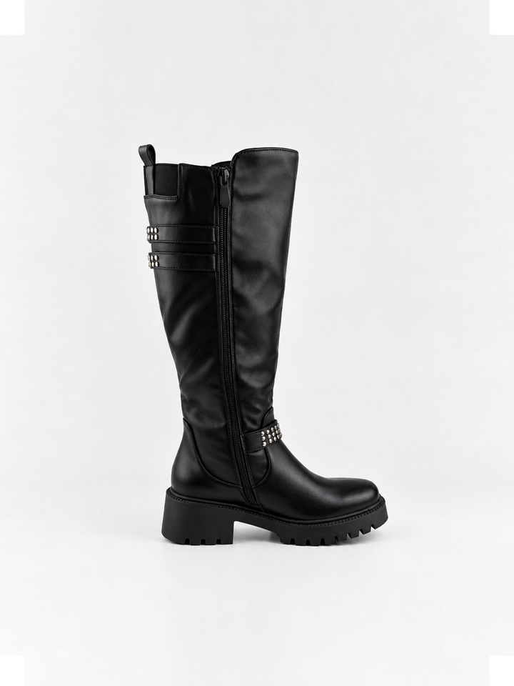 Black studded strap knee-high riding boot faux leather – inner side view showing the zip