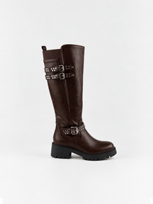 Brown studded strap knee-high riding boot faux leather – side view