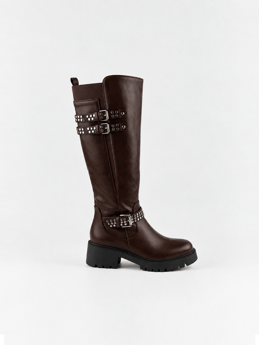 Studded Strap Knee-High Riding Boot Faux Leather – Brown
