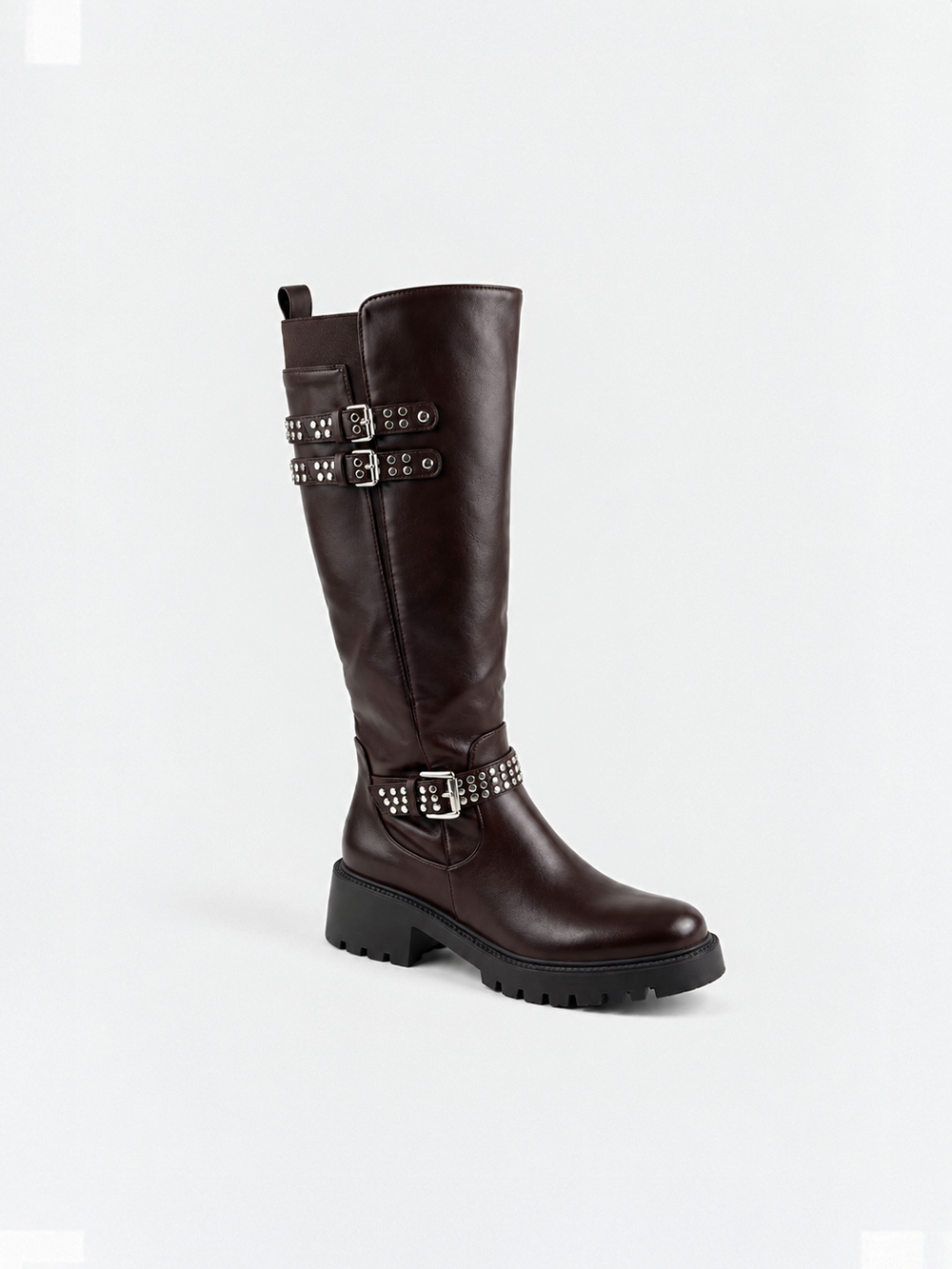 Brown studded strap knee-high riding boot faux leather – front three-quarter view