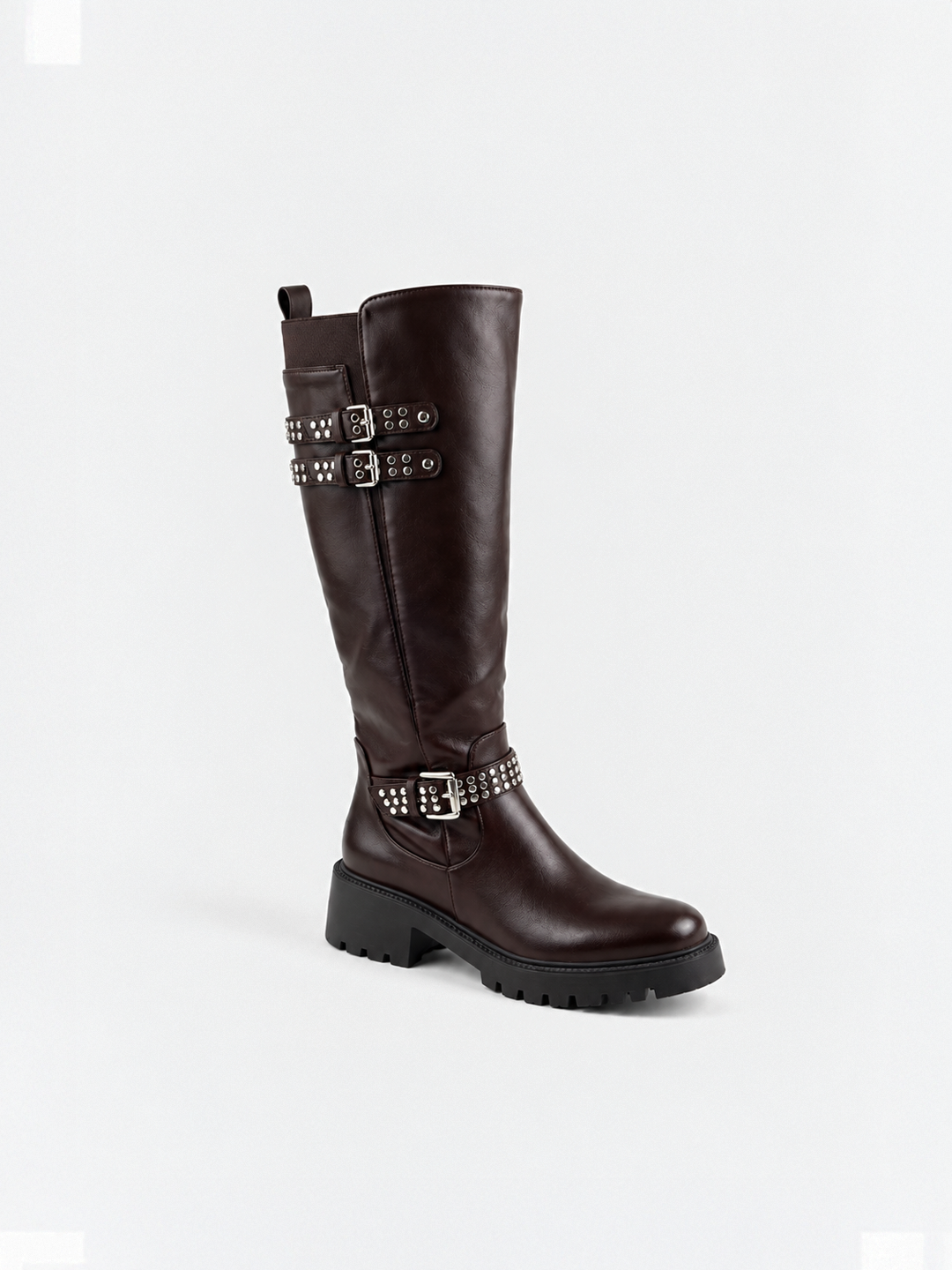 Brown studded strap knee-high riding boot faux leather – front three-quarter view