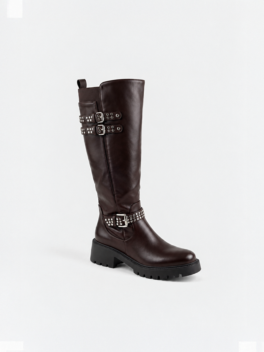 Studded Strap Knee-High Riding Boot Faux Leather – Brown