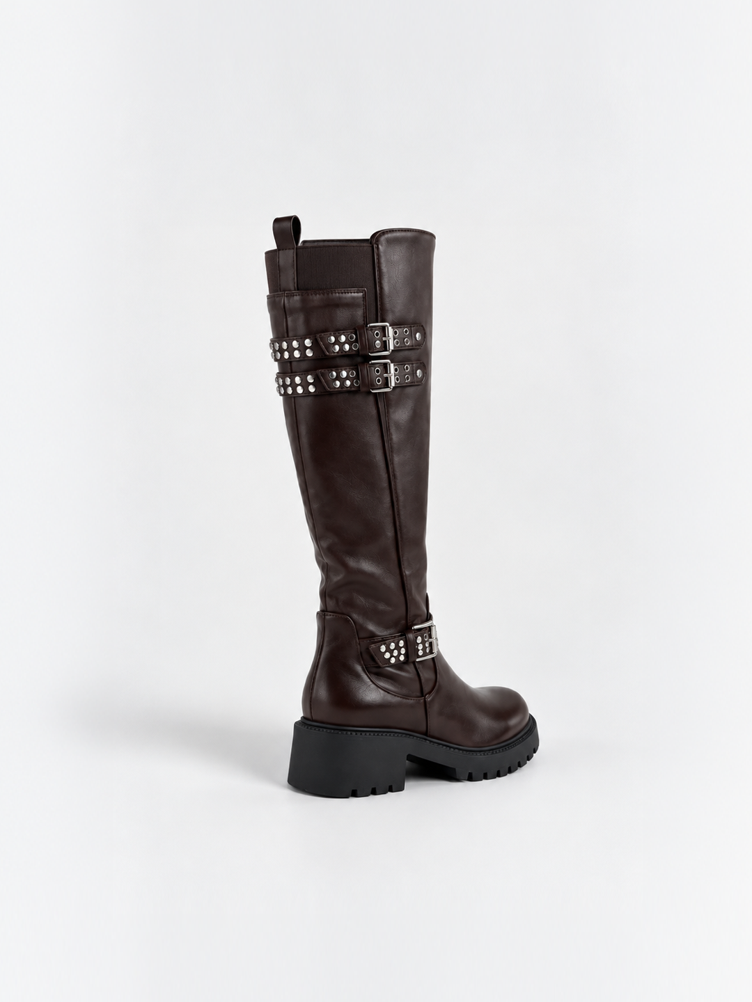 Brown studded strap knee-high riding boot faux leather – back three-quarter view