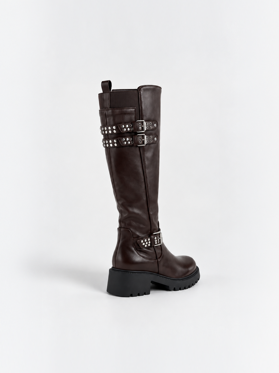 Studded Strap Knee-High Riding Boot Faux Leather – Brown