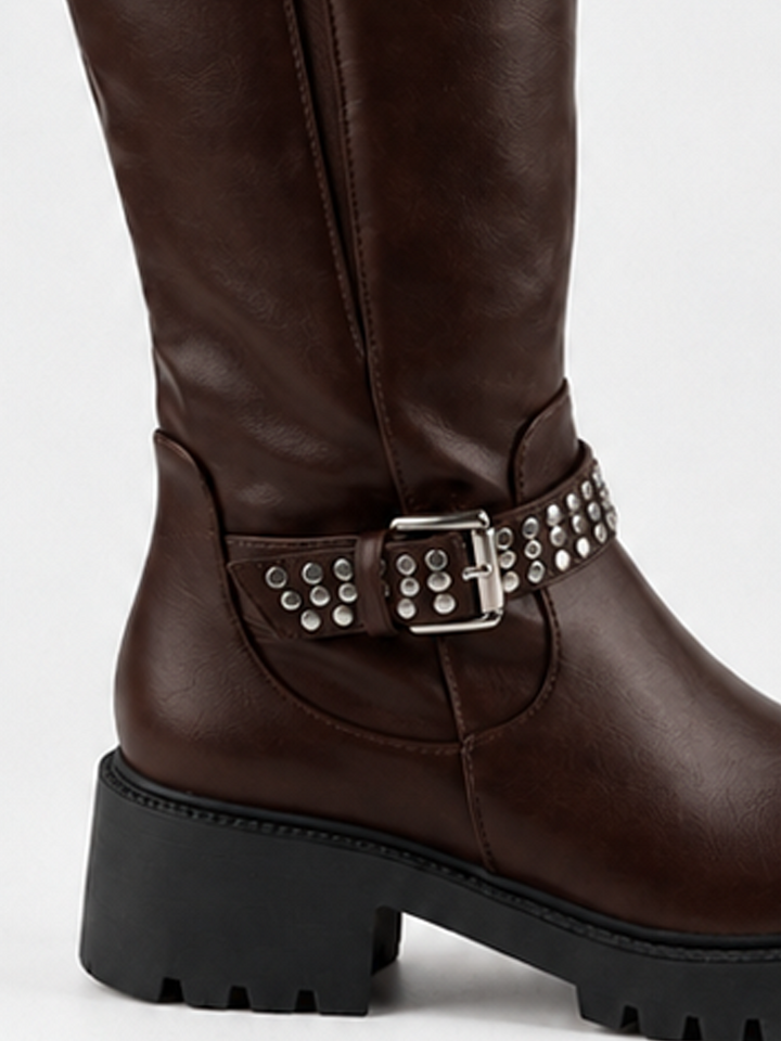 Brown studded strap knee-high riding boot faux leather – studded ankle strap and heel close-up