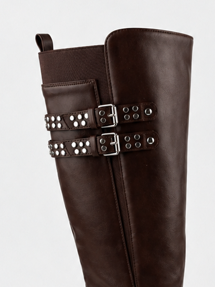 Brown studded strap knee-high riding boot faux leather – studded double buckle straps close-up