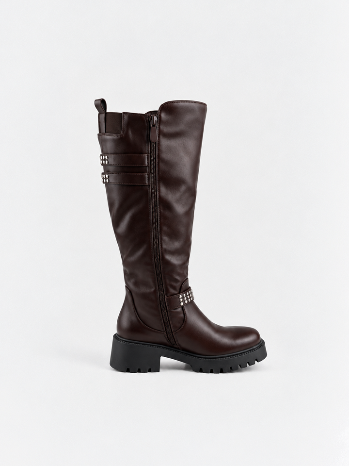 Brown studded strap knee-high riding boot faux leather – inner side view showing the zip