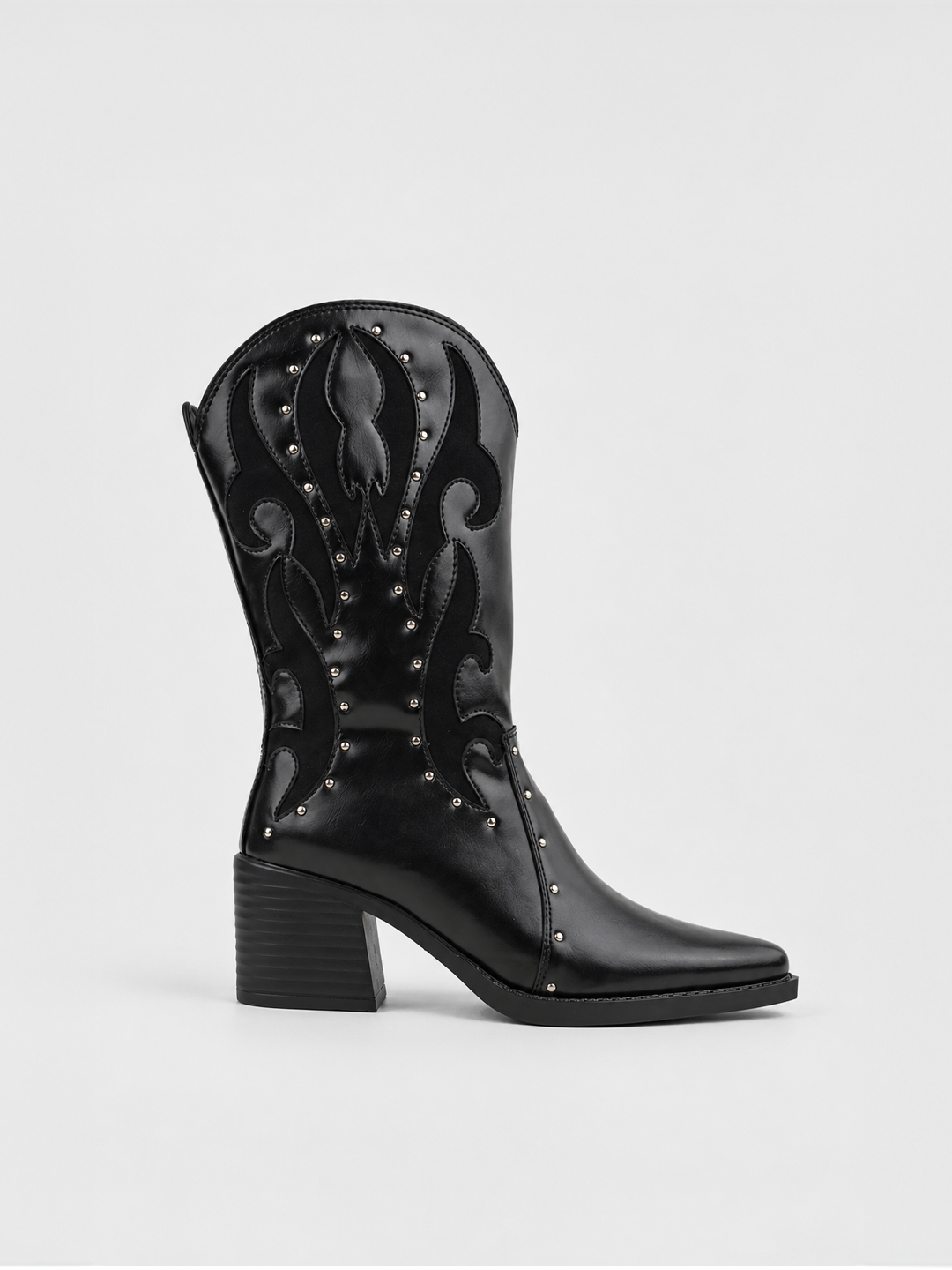 Black studded western mid-calf boot faux leather – side view