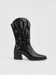 Studded Western Mid-Calf Boot Faux Leather – Black